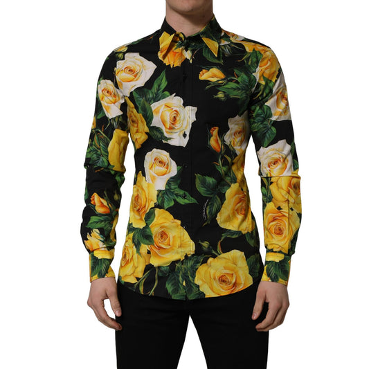 Dolce & Gabbana Black Floral Stretch Cotton SICILIA Fit Dress Shirt
