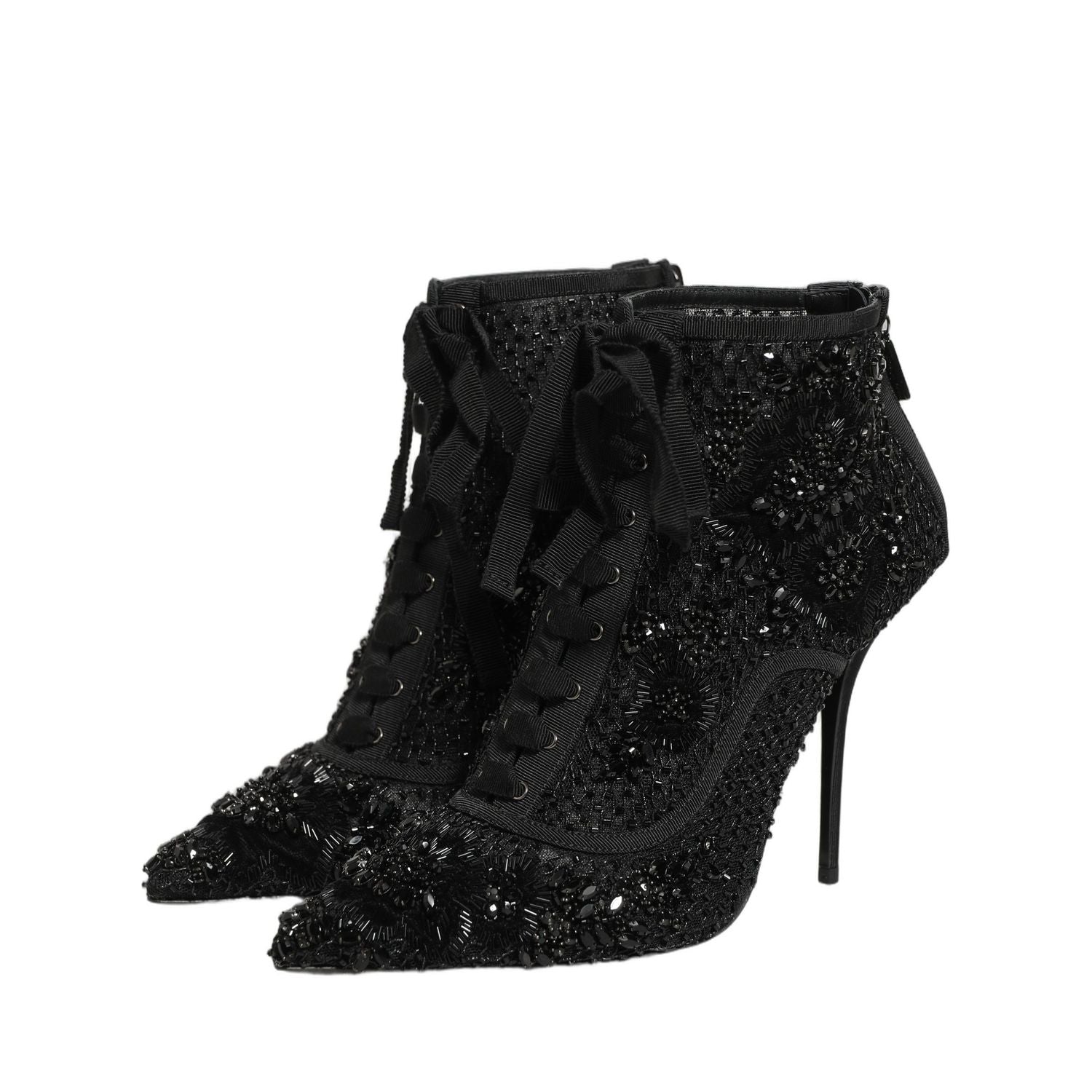 Dolce & Gabbana Black Embellished Mesh Ankle Boots Shoes
