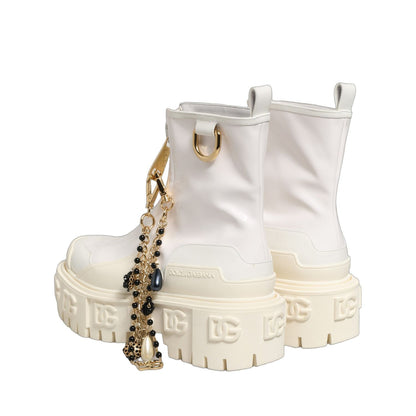 Dolce & Gabbana White Leather Rubber Logo Ankle Boots Shoes