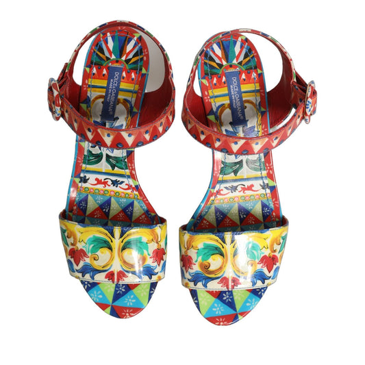 Dolce & Gabbana Multicolor Majolica Leather Wedge Sandals Shoes