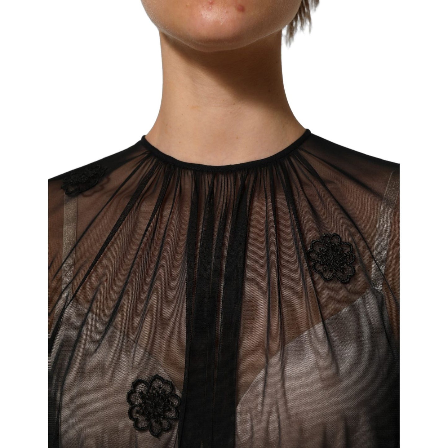 Dolce & Gabbana Black Polyester Mesh Sheer Crewneck Blouse Top