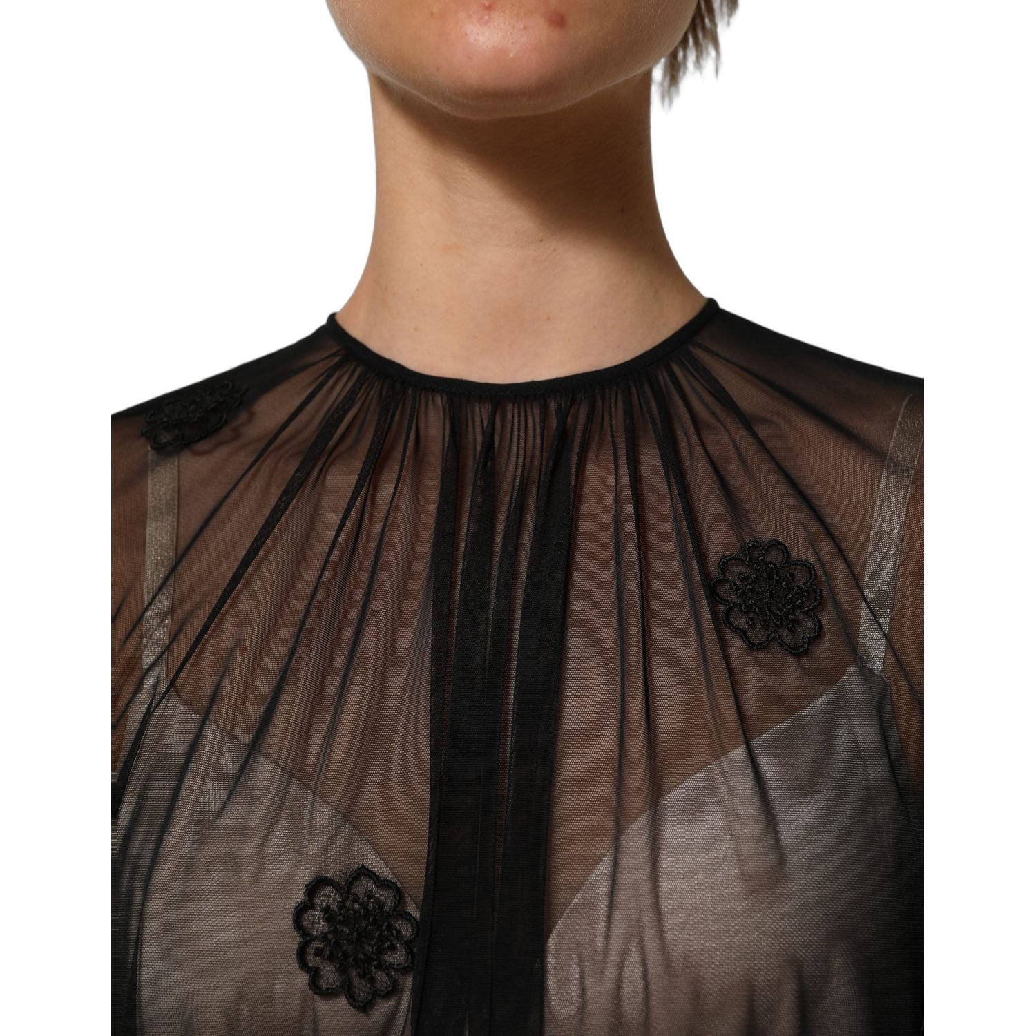 Dolce & Gabbana Black Polyester Mesh Sheer Crewneck Blouse Top