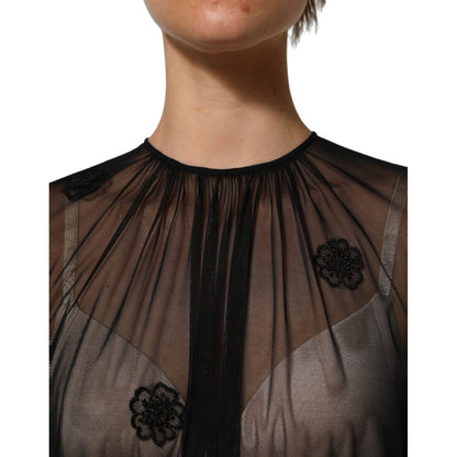 Dolce & Gabbana Black Polyester Mesh Sheer Crewneck Blouse Top