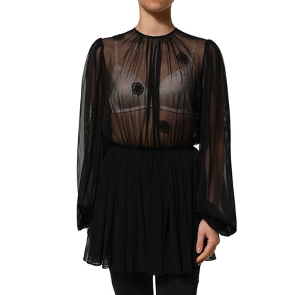 Dolce & Gabbana Black Polyester Mesh Sheer Crewneck Blouse Top