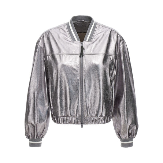 Brunello Cucinelli Silver Leather Bomber