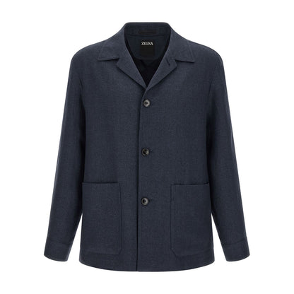 ZEGNA Blue Linen Full-Length Jacket