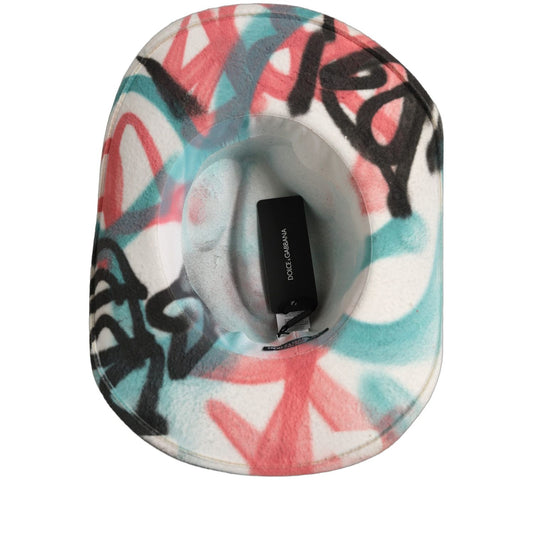 Dolce & Gabbana Men White Graffiti Wide Brim Fedora Capello Hat