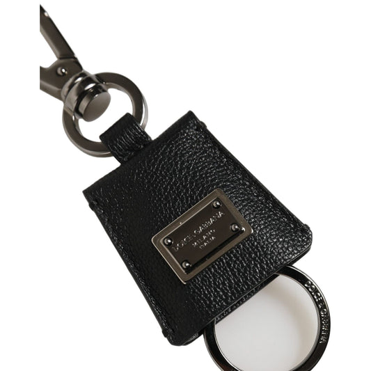 Dolce & Gabbana Black Dauphine Leather Silver Metal Logo Plaque Keyring