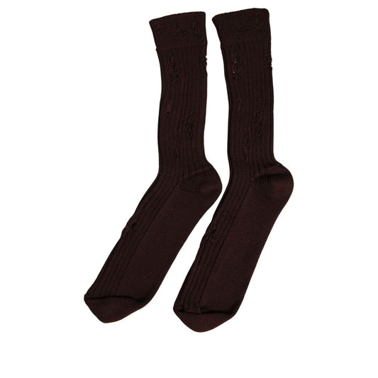 Dolce & Gabbana Dark Brown Cotton Distressed Mid Calf Accessory Socks