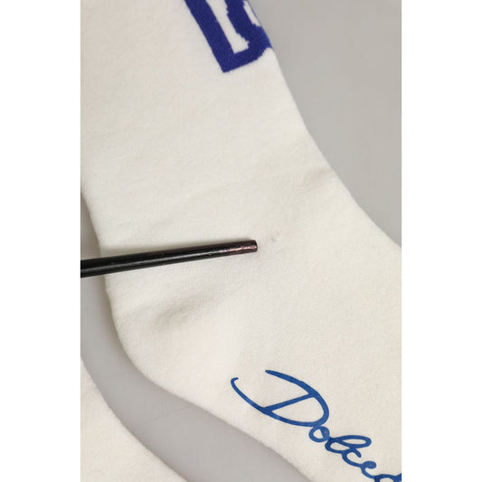 Dolce & Gabbana White Blue Cotton Logo Calf Women Accessory Socks