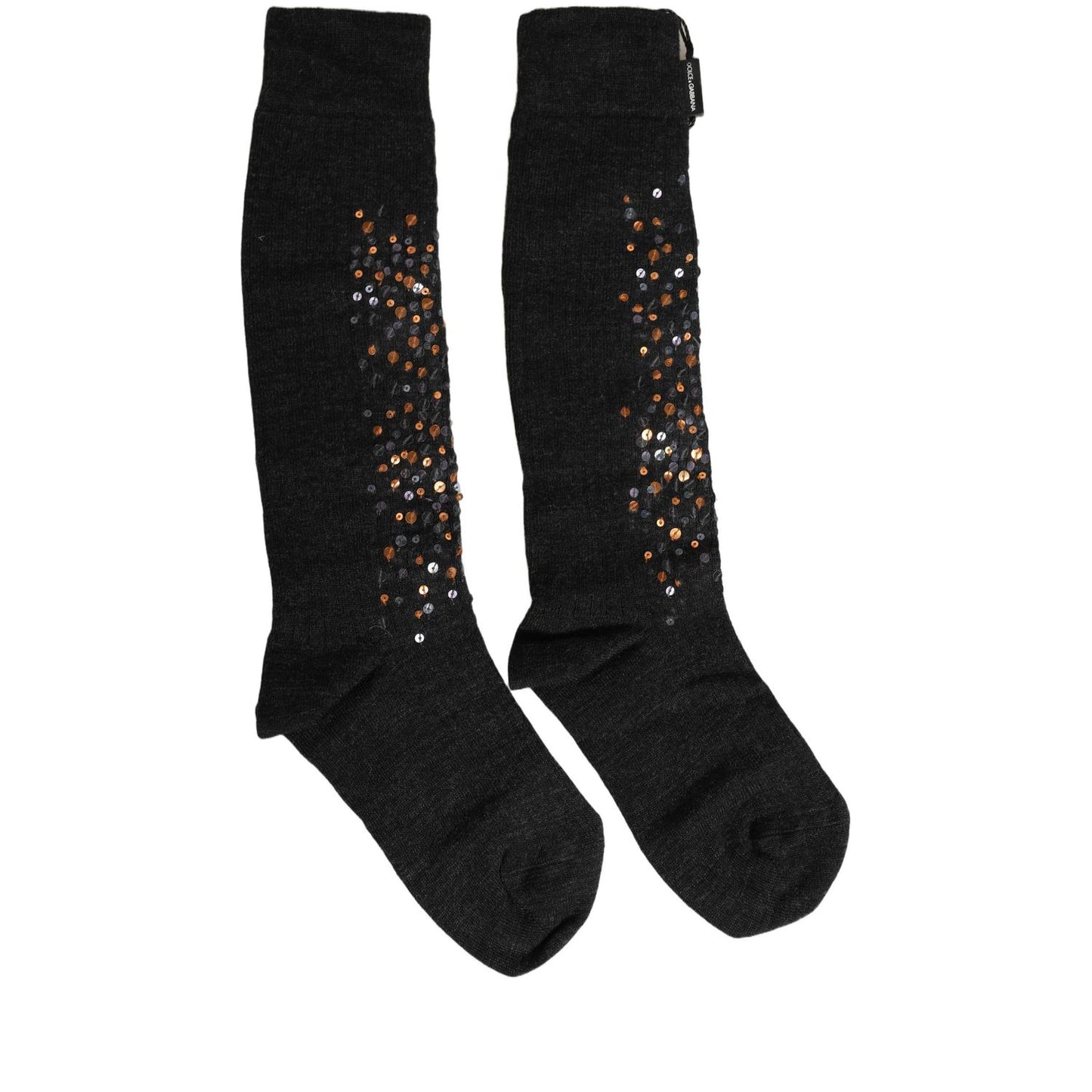 Dolce & Gabbana Dark Gray Sequined Wool Knee High Accessory Socks