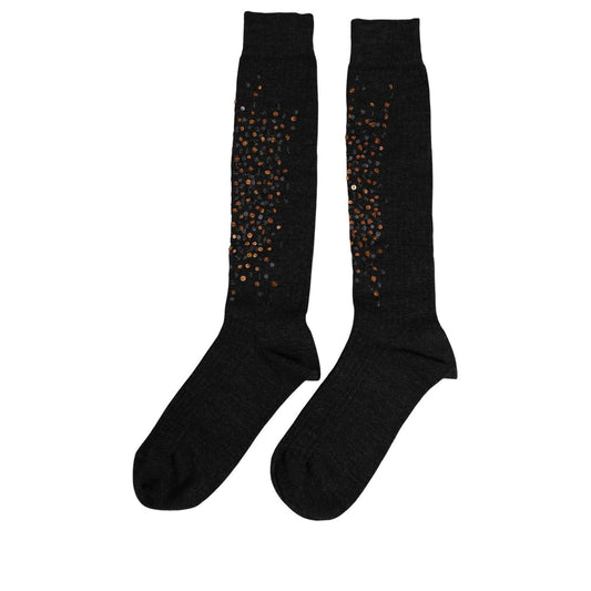 Dolce & Gabbana Dark Gray Sequined Wool Knee High Accessory Socks