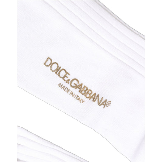 Dolce & Gabbana White Cotton Ribbed Logo Over The Calf Women Socks