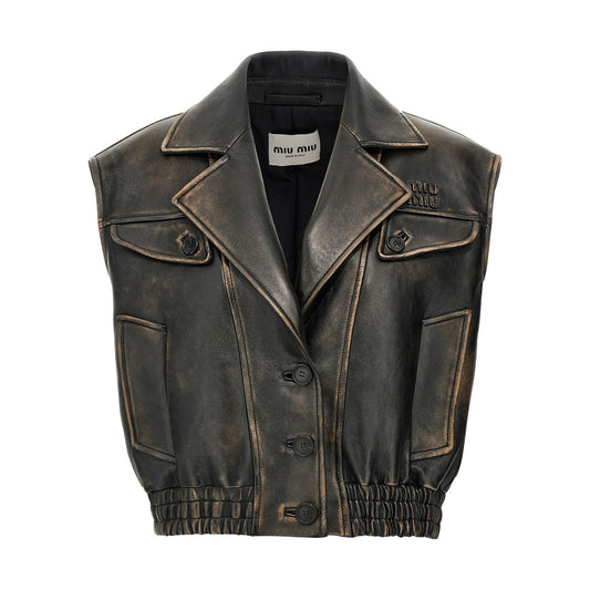 Miu Miu Brown Lamb Leather Sleeveless Jacket