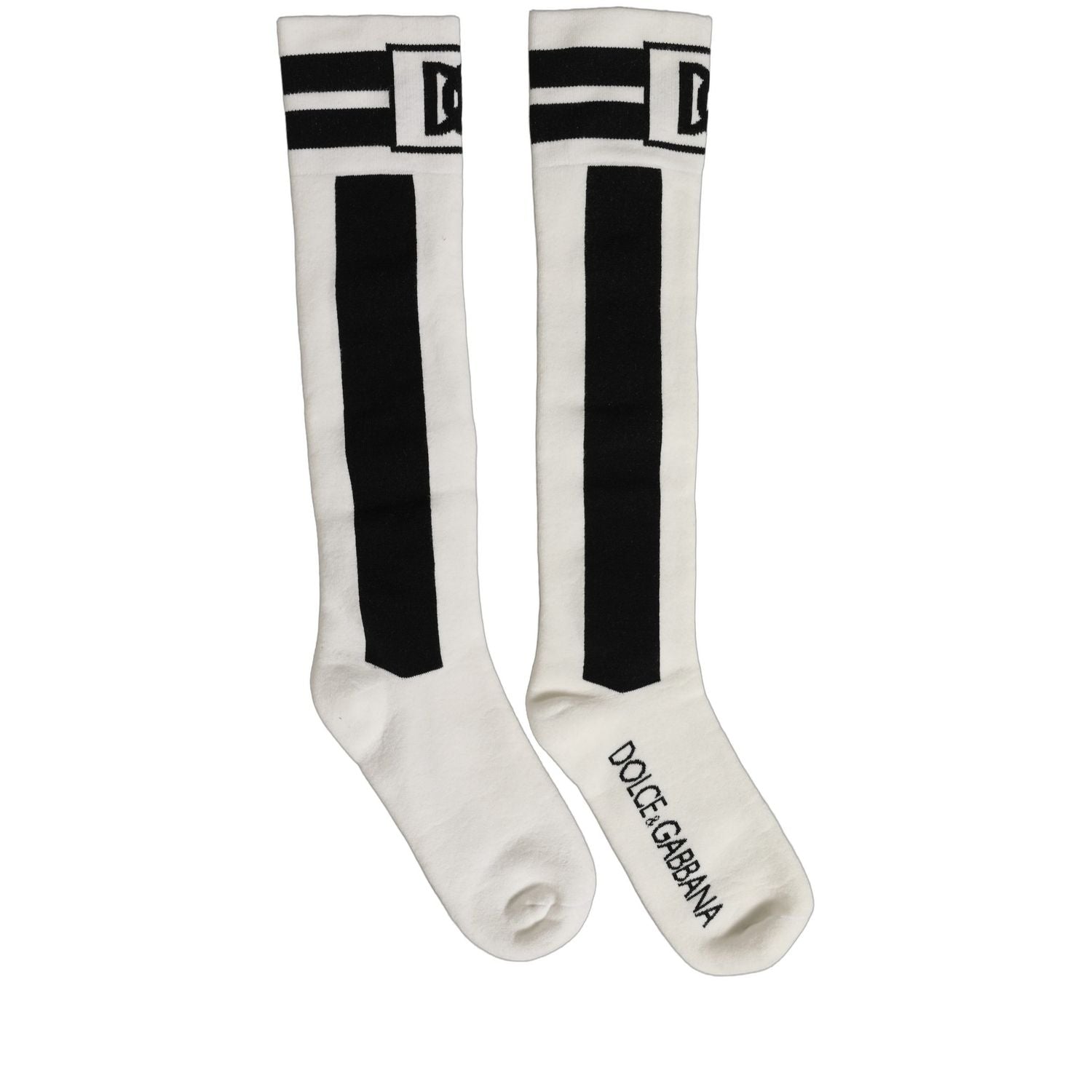 Dolce & Gabbana White Black Cotton Stretch Knee High Socks