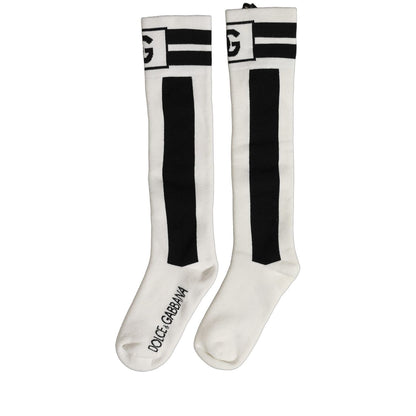 Dolce & Gabbana White Black Cotton Stretch Knee High Socks