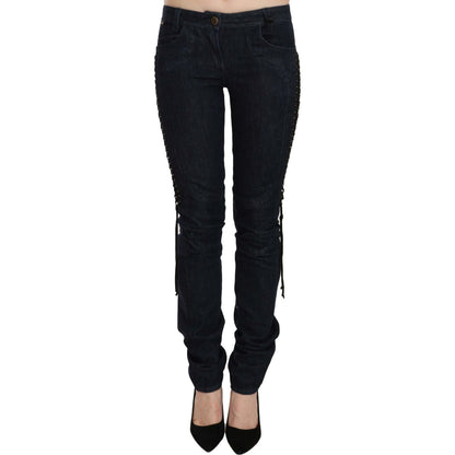 Just Cavalli Blue Low Waist Skinny Trousers Braided String Pants