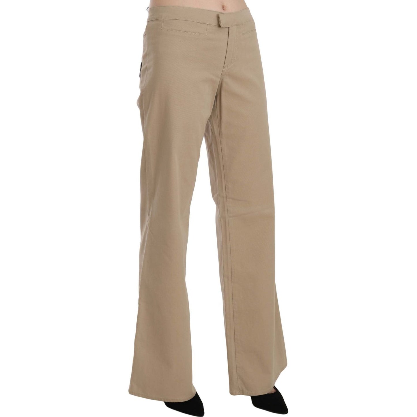 Beige Mid Waist Flared Luxury Trousers