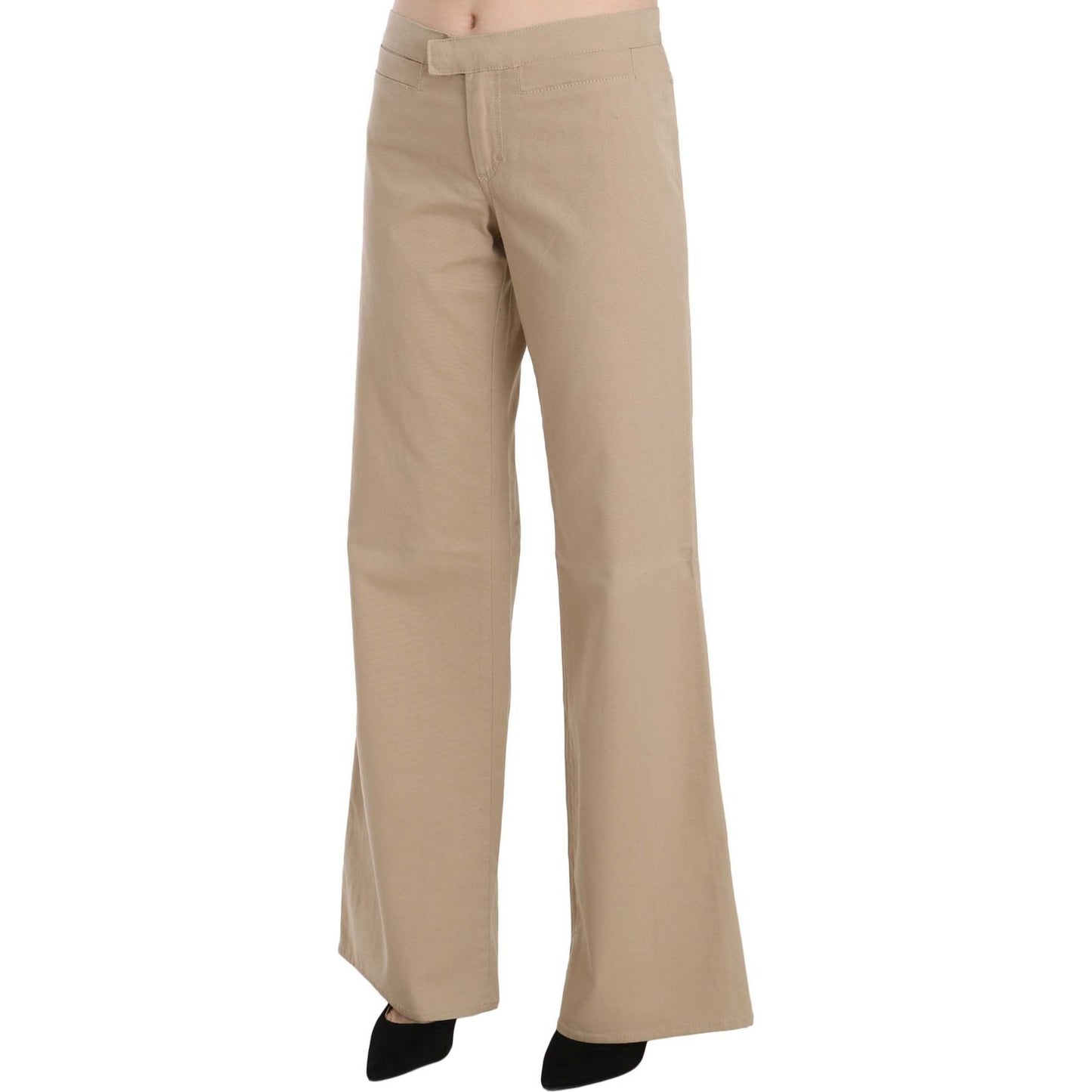 Beige Mid Waist Flared Luxury Trousers