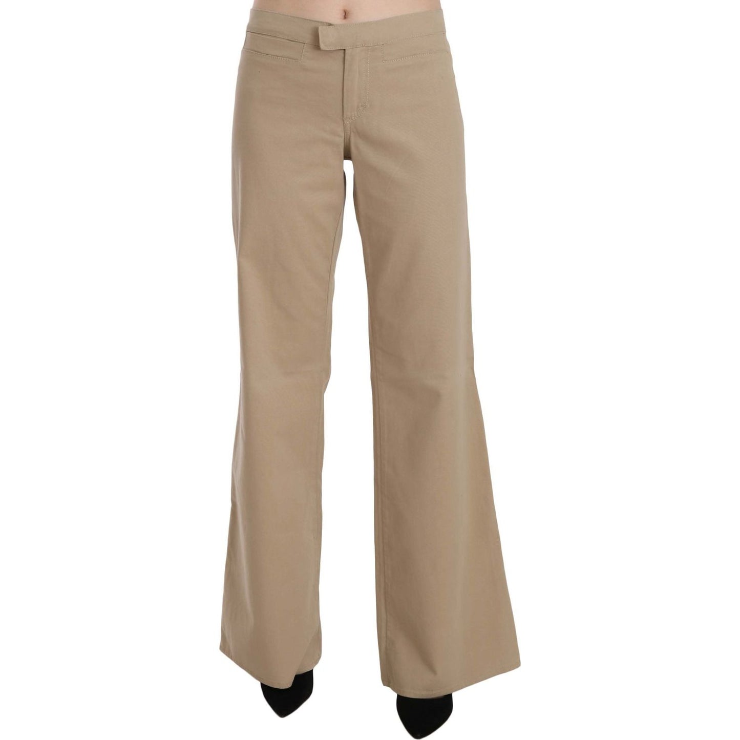 Beige Mid Waist Flared Luxury Trousers