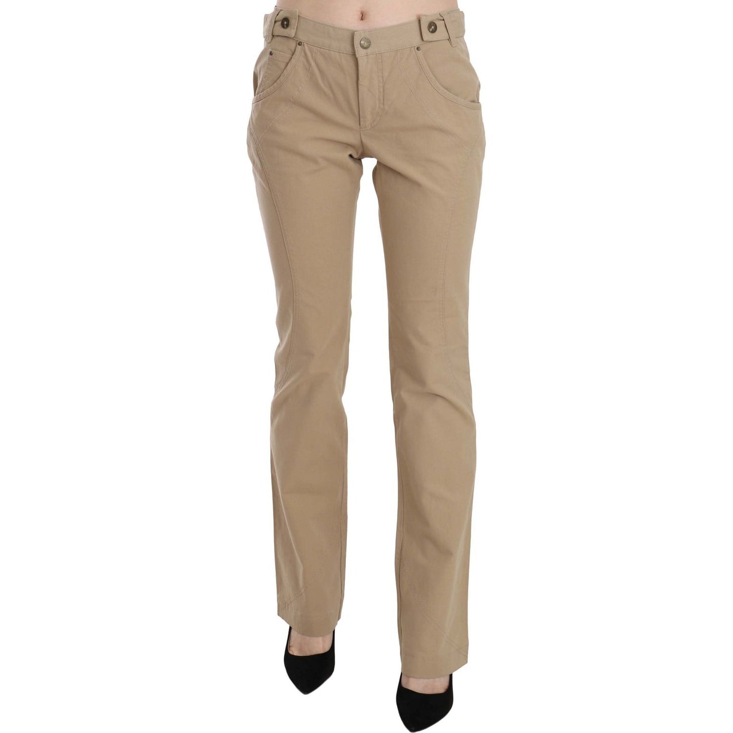 Beige Mid Waist Straight Leg Pants