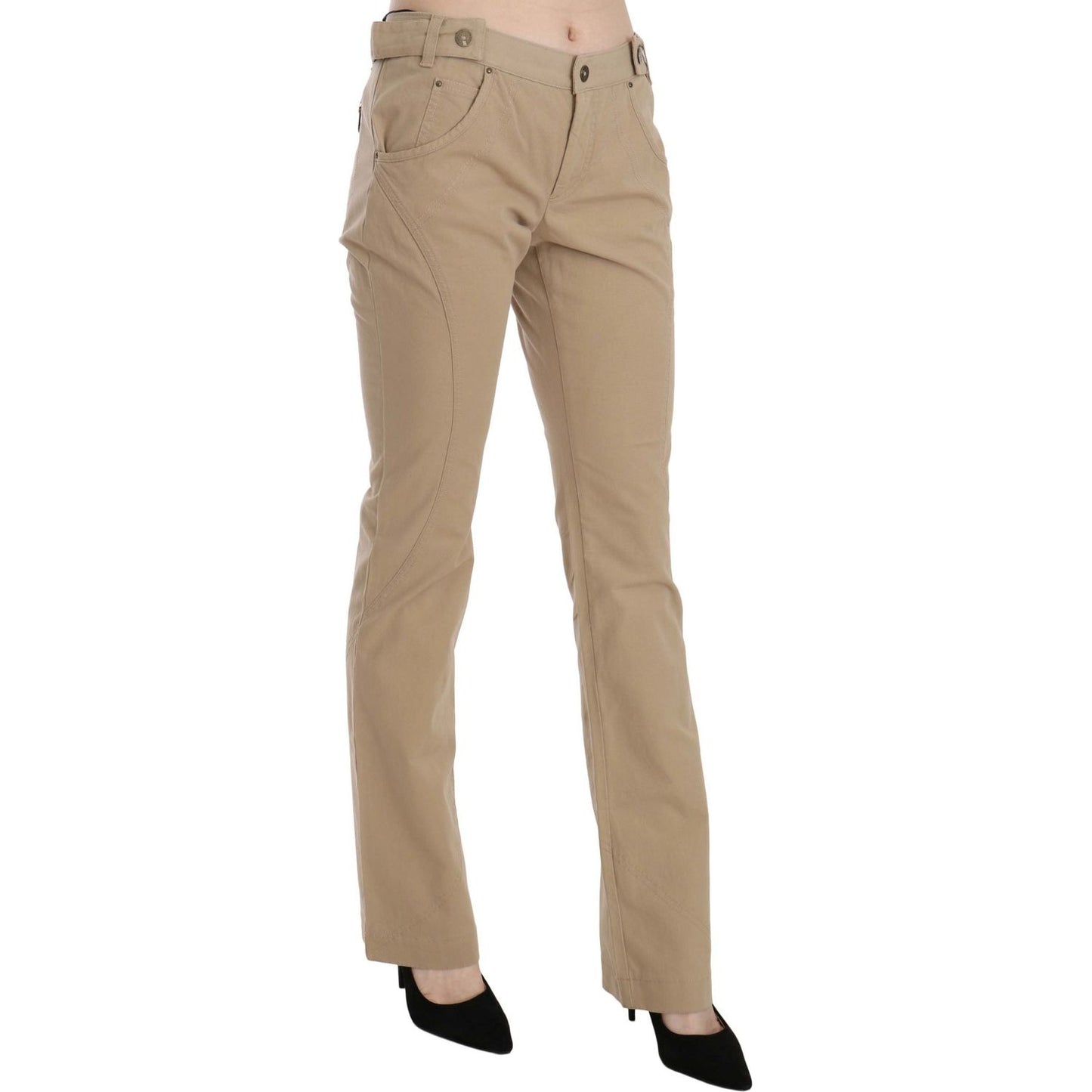 Beige Mid Waist Straight Leg Pants