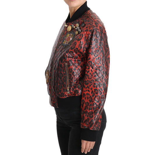 Red Leopard Bomber Leather Jacket with Crystal Buttons