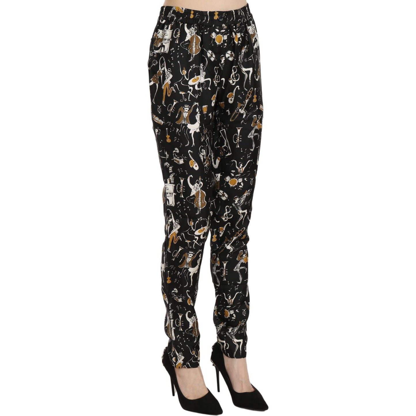Dolce & Gabbana Black Jazz Club Print High Waist Tapered Pants Jeans & Pants