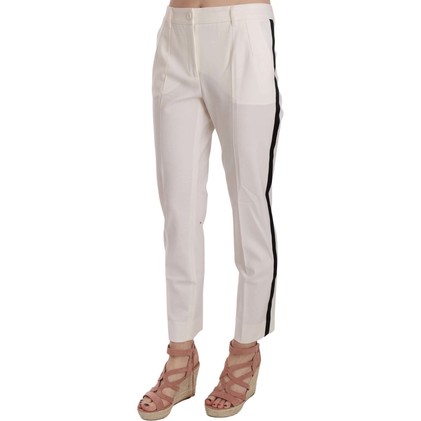 Elegant White Stripe Wool Tapered Trousers