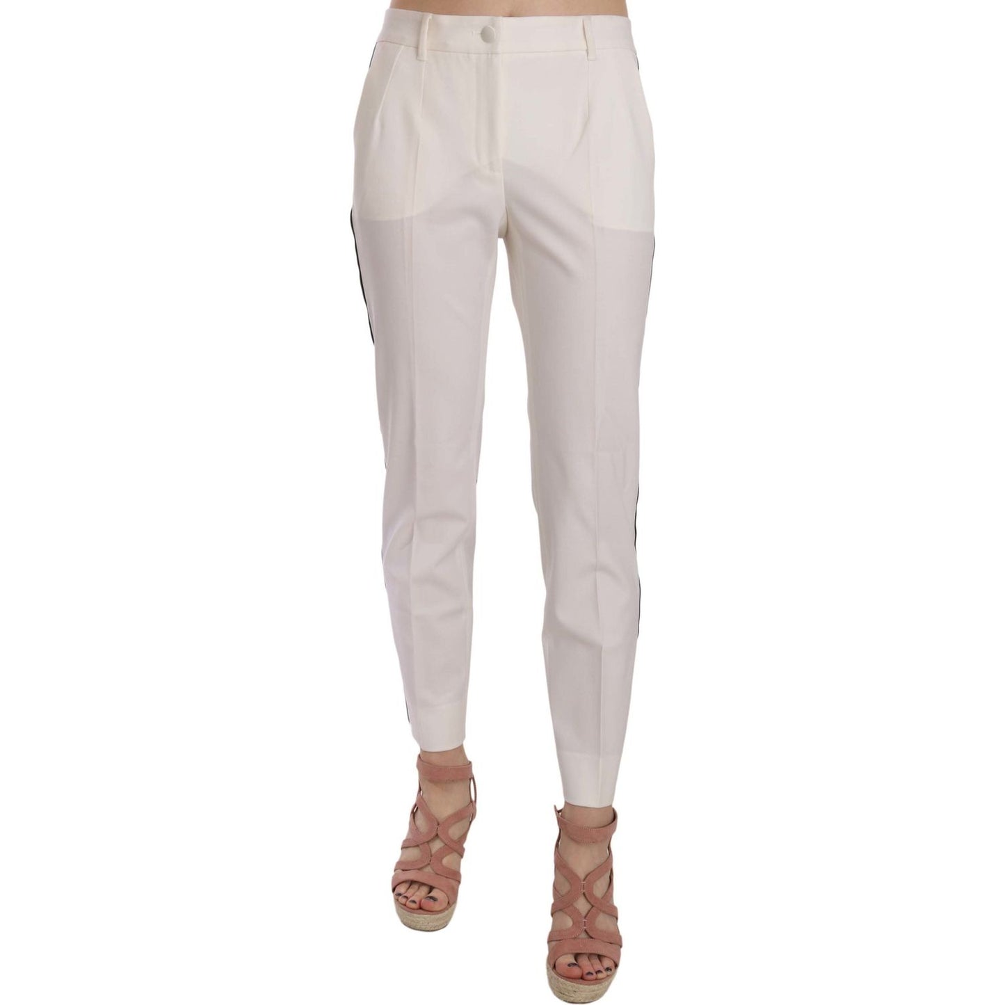 Elegant White Stripe Wool Tapered Trousers