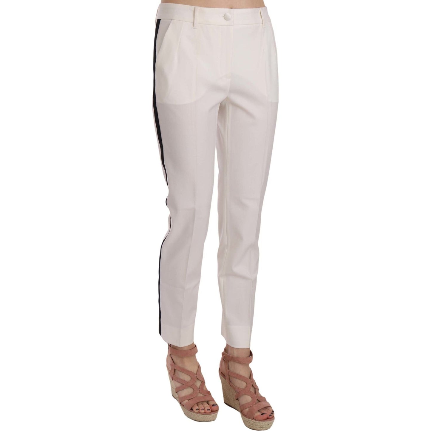 Elegant White Stripe Wool Tapered Trousers