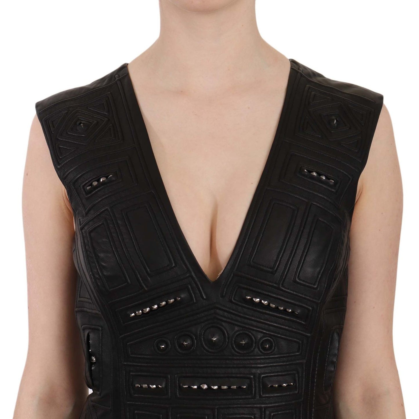 Studded Black Leather Mini Sheath Dress