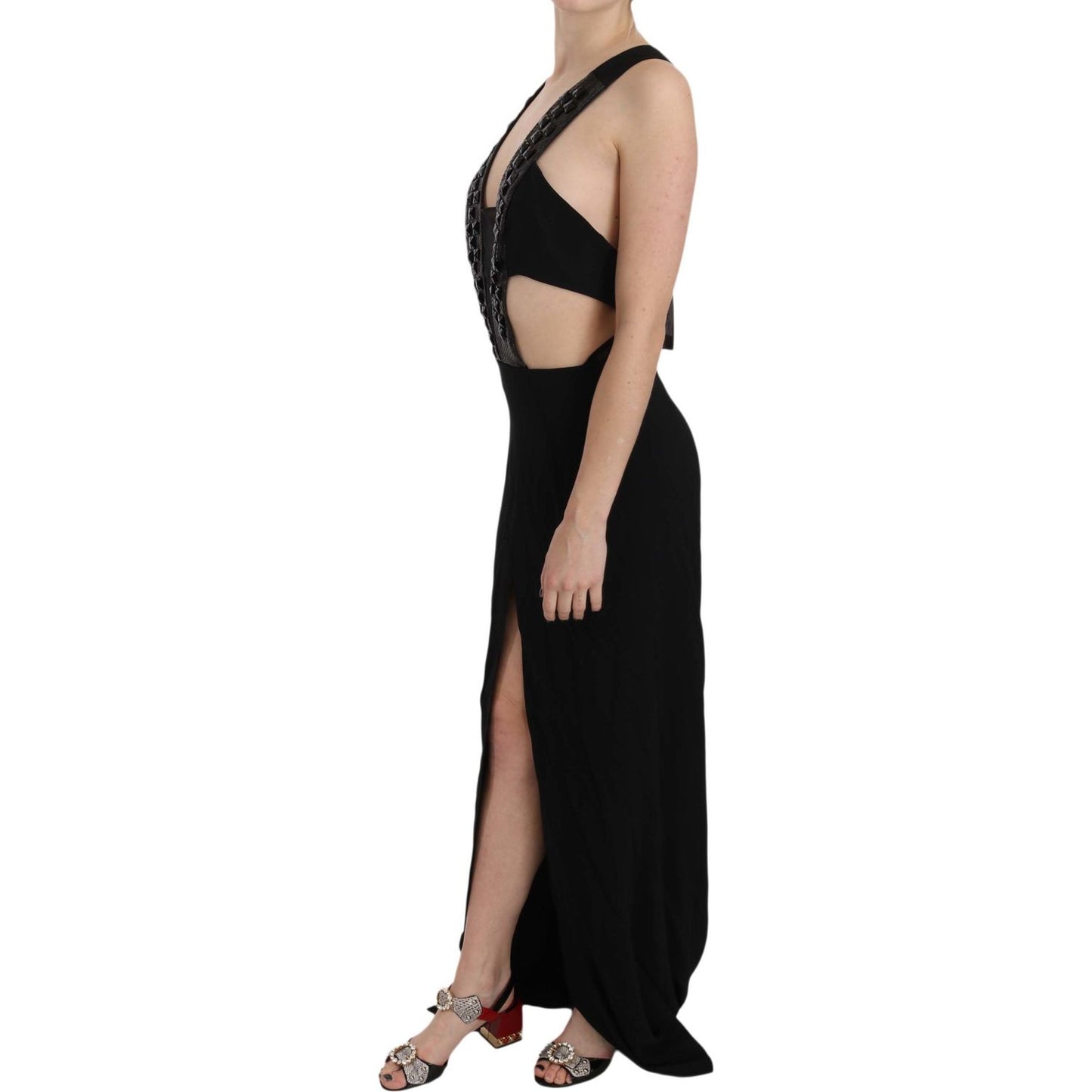 John Richmond Black Crystal Leather Gown Flare Dress