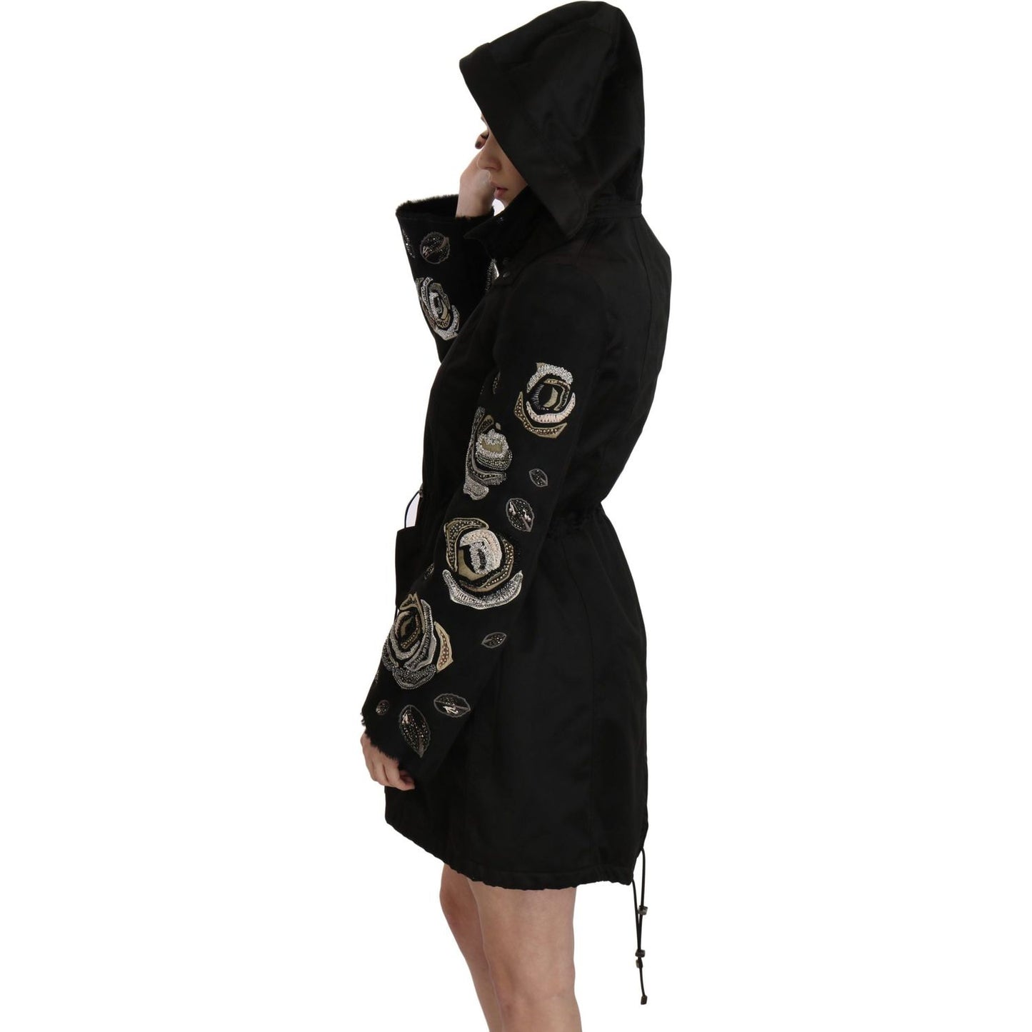John Richmond Floral Sequined Beaded Hooded Jacket Coat