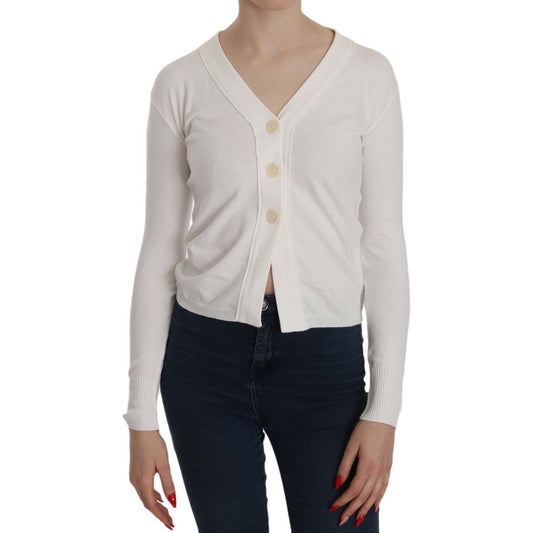 Elegant White V-Neck Cropped Cardigan Blouse