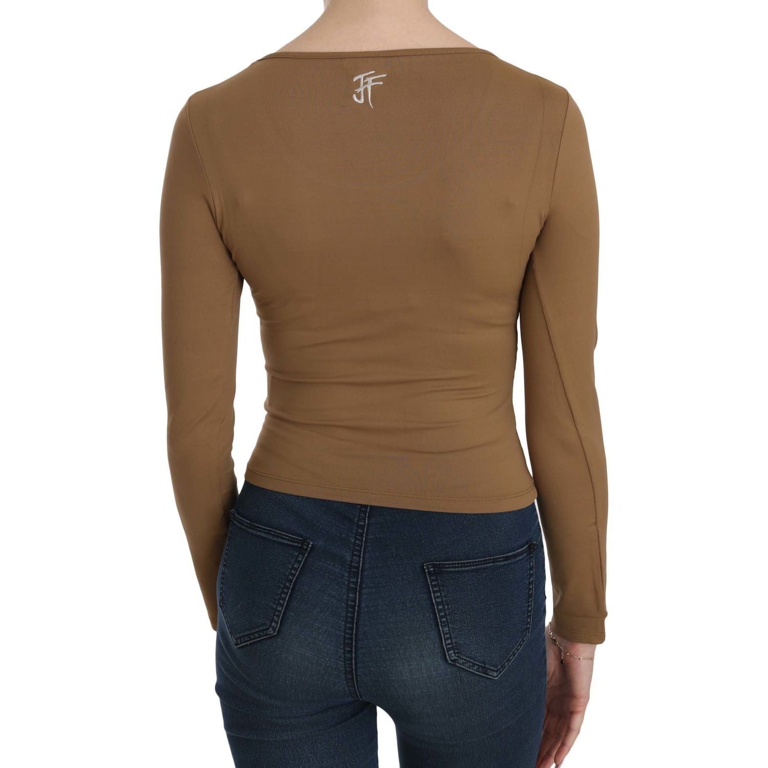 GF Ferre Brown Long Round Neck Sleeve Fitted Shirt Tops Blouse