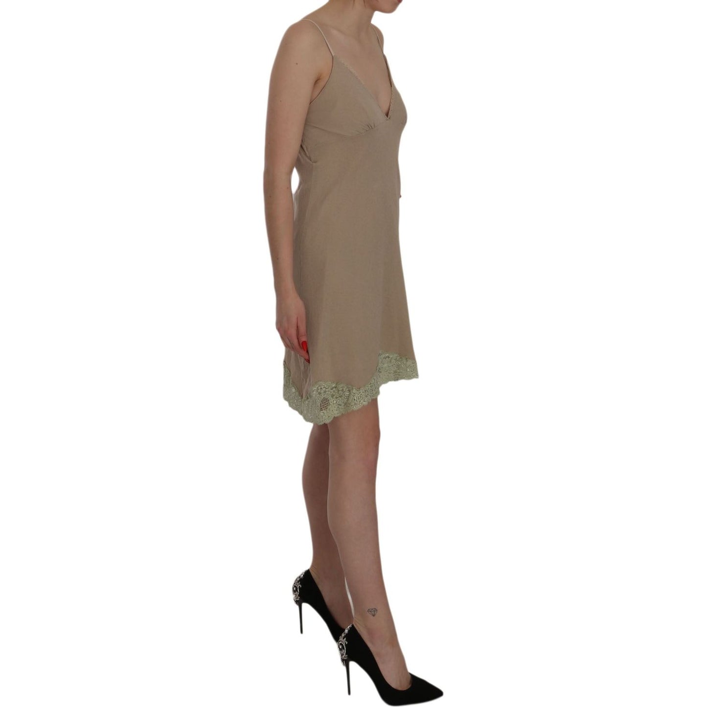 Elegant Beige Lace Spaghetti Strap Mini Dress