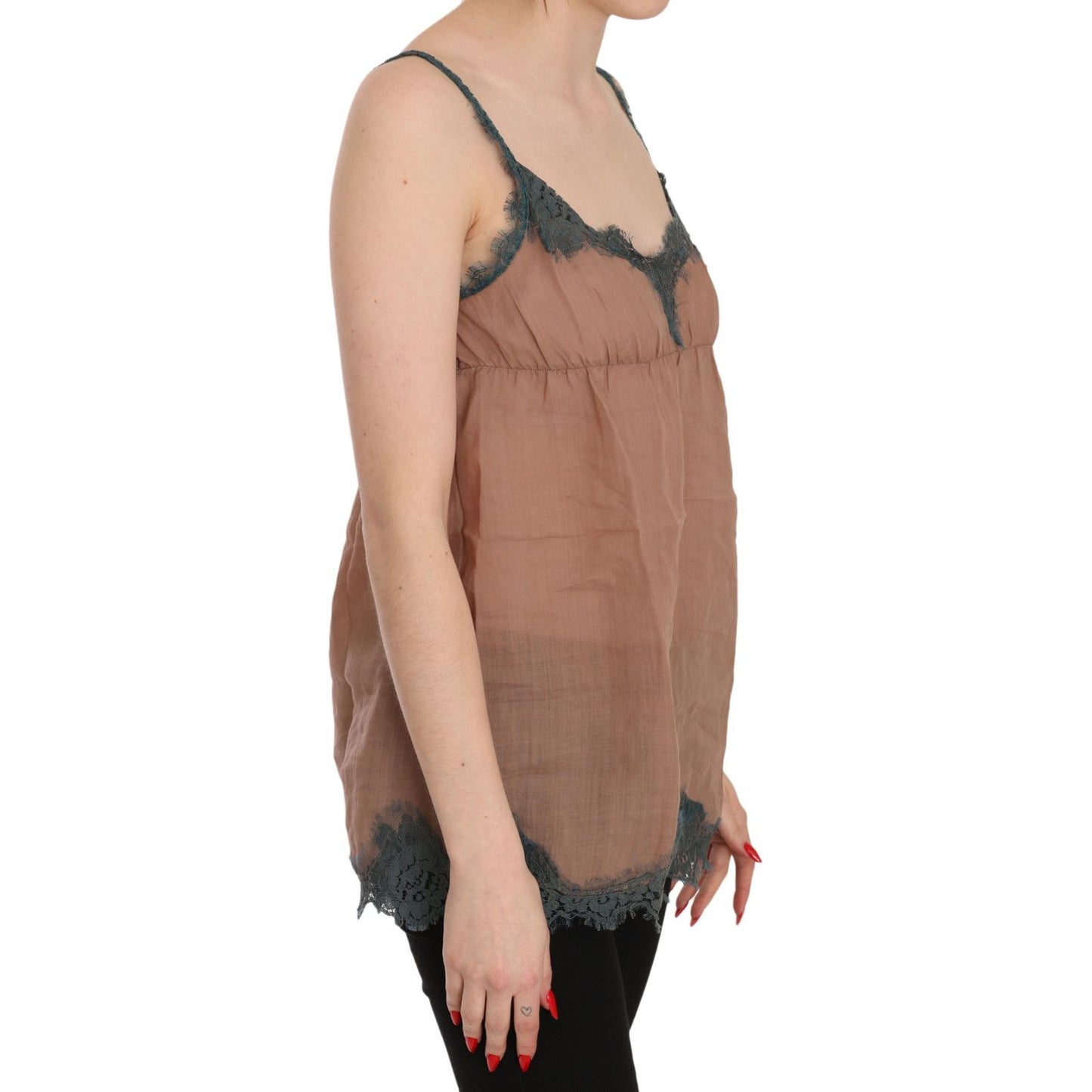 PINK MEMORIES Brown Lace Spaghetti Strap Tank Top Blouse