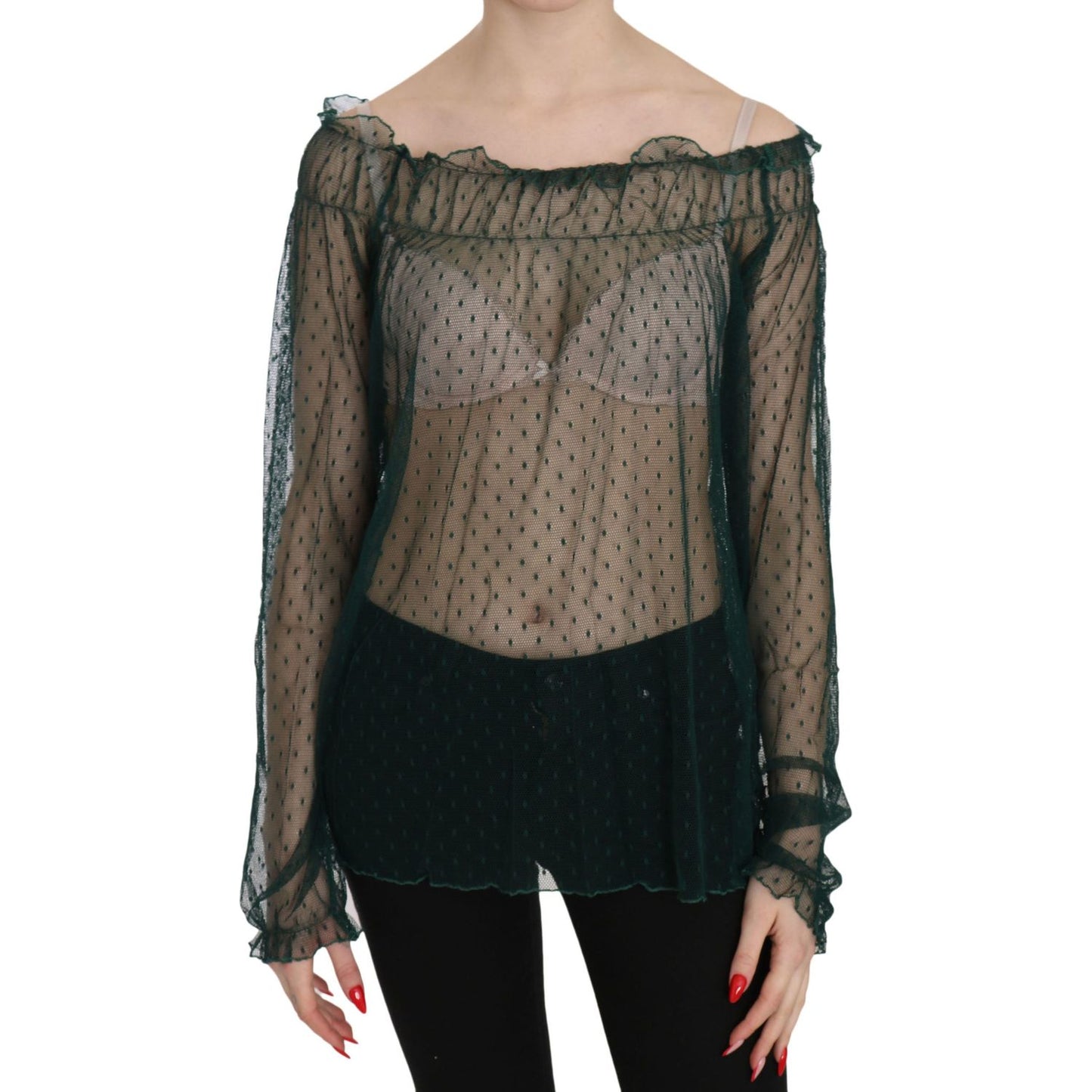 Elegant Green Mesh Long Sleeve Top