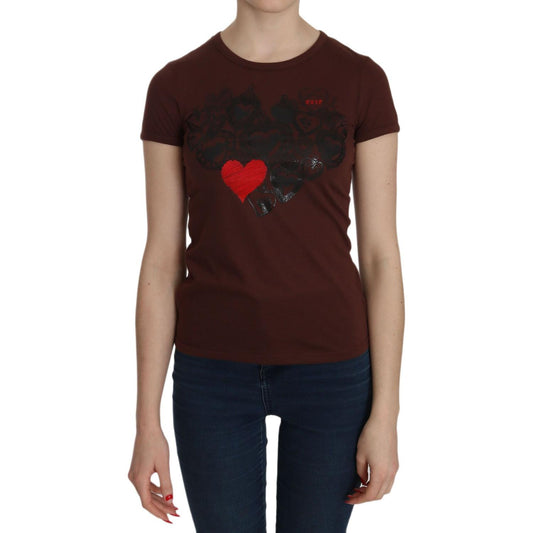 Exte Brown Heart Print Crew Neck T-shirt Short Sleeve Blouse