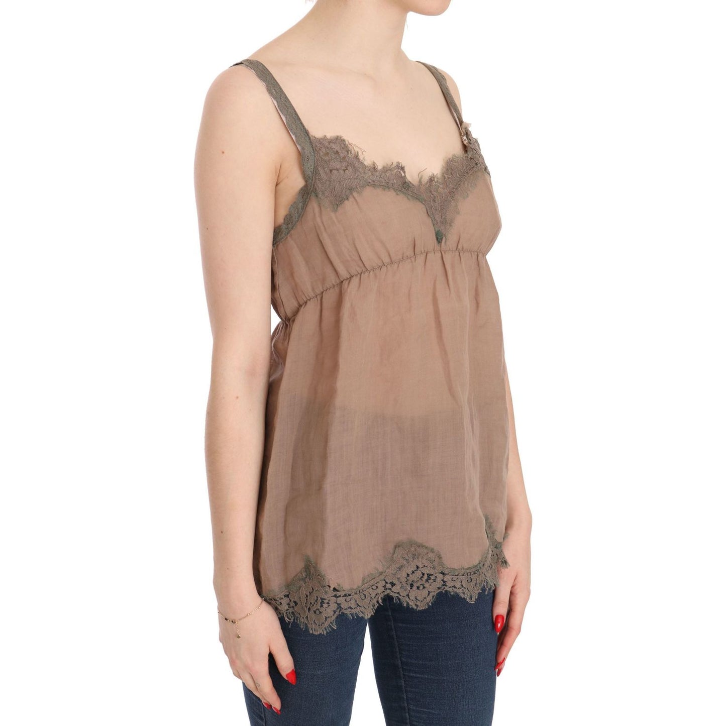 PINK MEMORIES Elegant Lace Brown Linen Blouse PINK MEMORIES