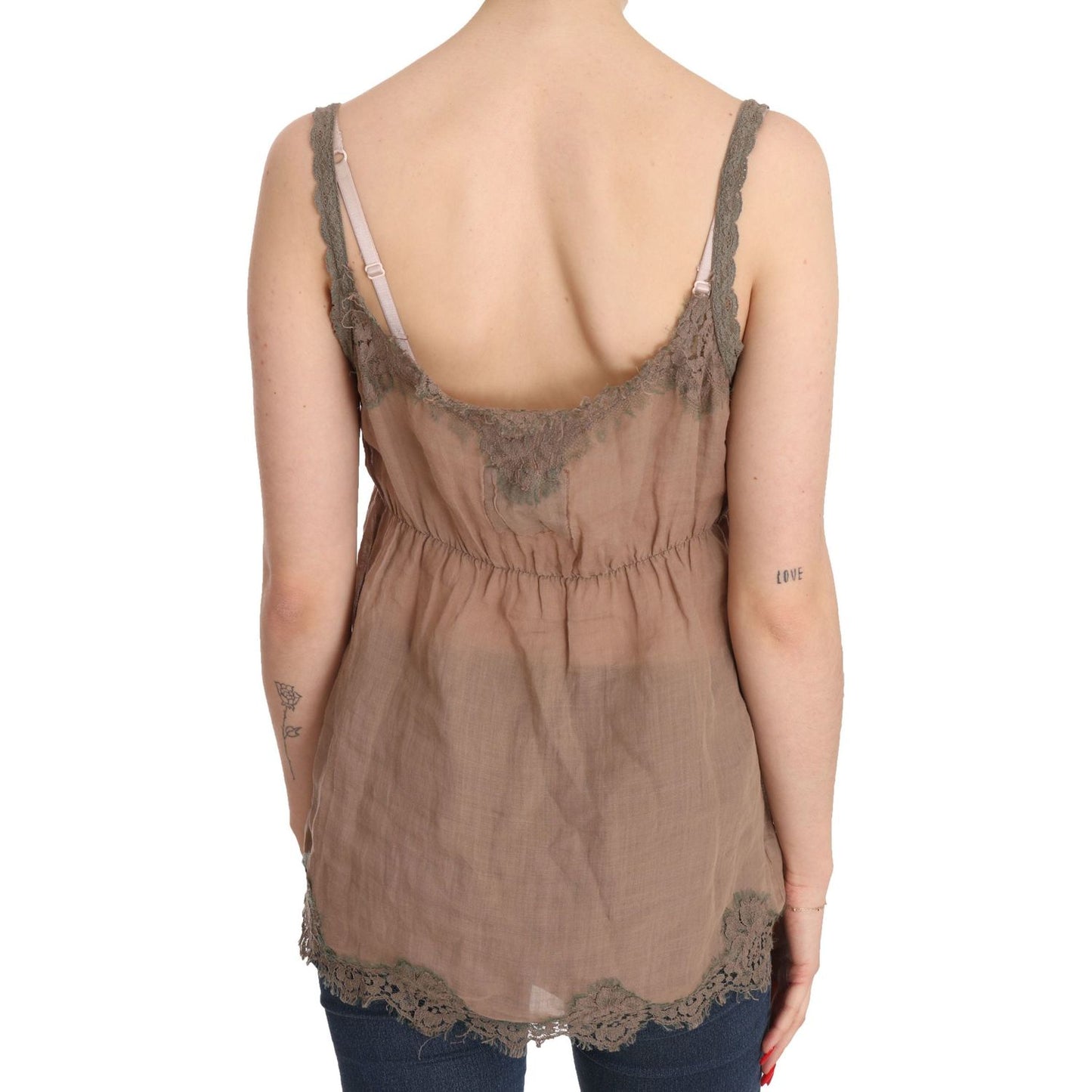 PINK MEMORIES Brown Lace Spaghetti Strap Plunging Top Blouse