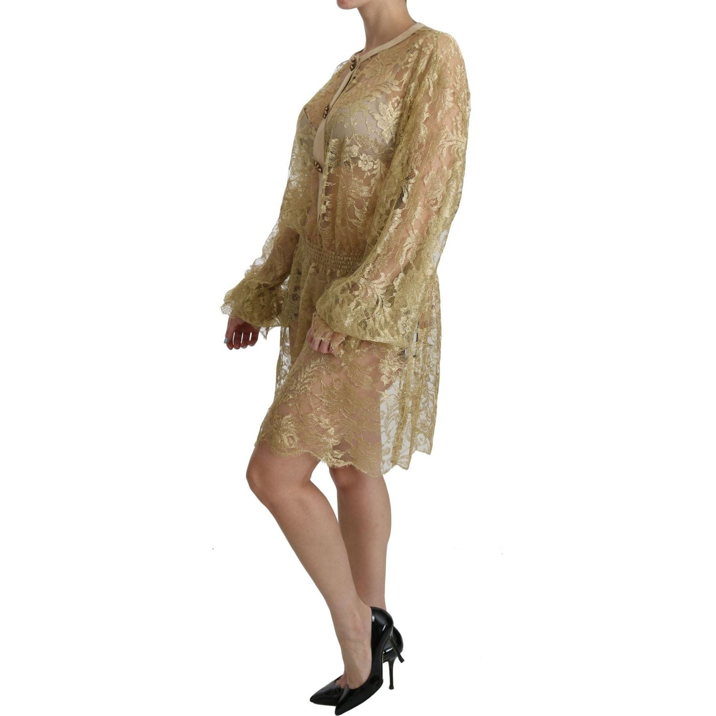 Dolce & Gabbana Gold Lace See Through A-Line Knee Length Dress