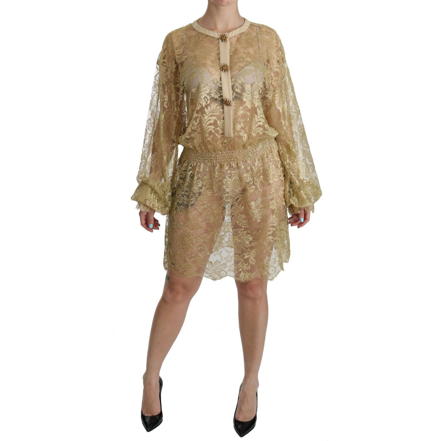 Elegant Gold Lace A-Line Knee Length Dress