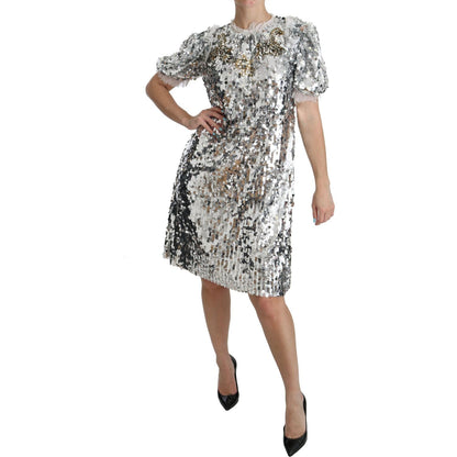 Dolce & Gabbana Silver Sequined Crystal Shift Gown Dress