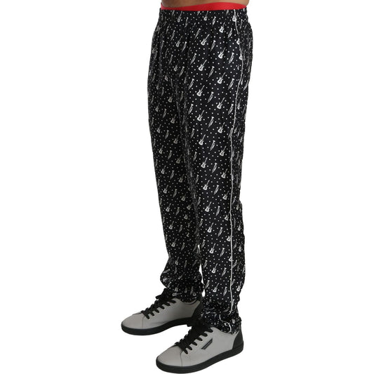 Elegant Black Musical Instrument Print Silk Pants