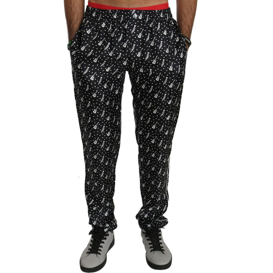 Elegant Black Musical Instrument Print Silk Pants