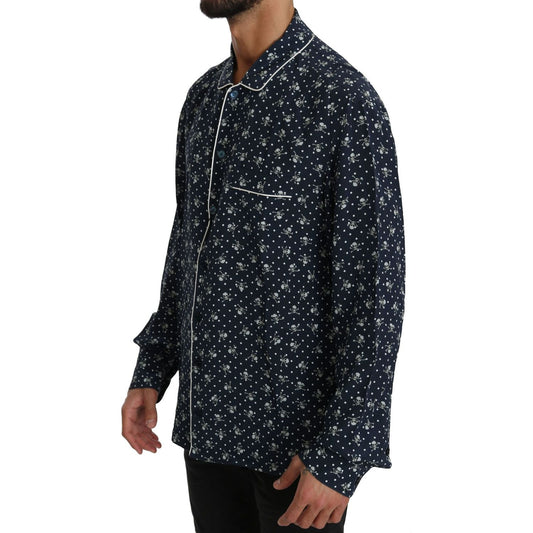 Silken Elegance: Blue Skull Print Lounge Shirt