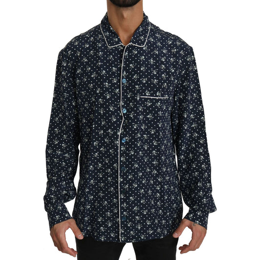 Silken Elegance: Blue Skull Print Lounge Shirt