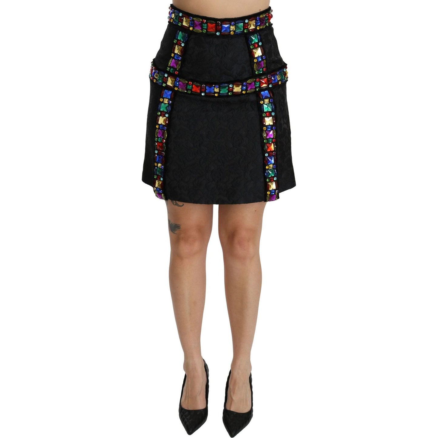 Elegant High-Waist Embellished Black Skirt